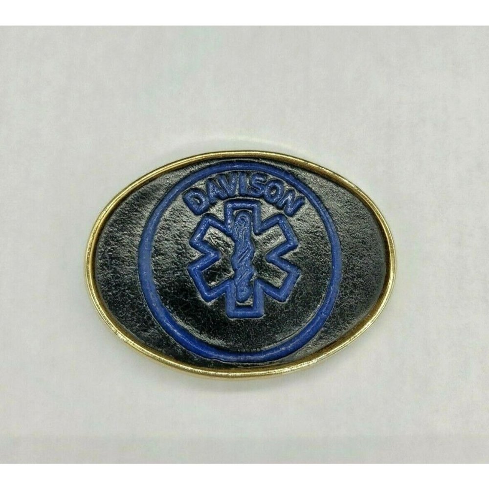 Vintage EMT Belt Buckle Davison Michigan Made In USA #104 Blue Black Gold Tone